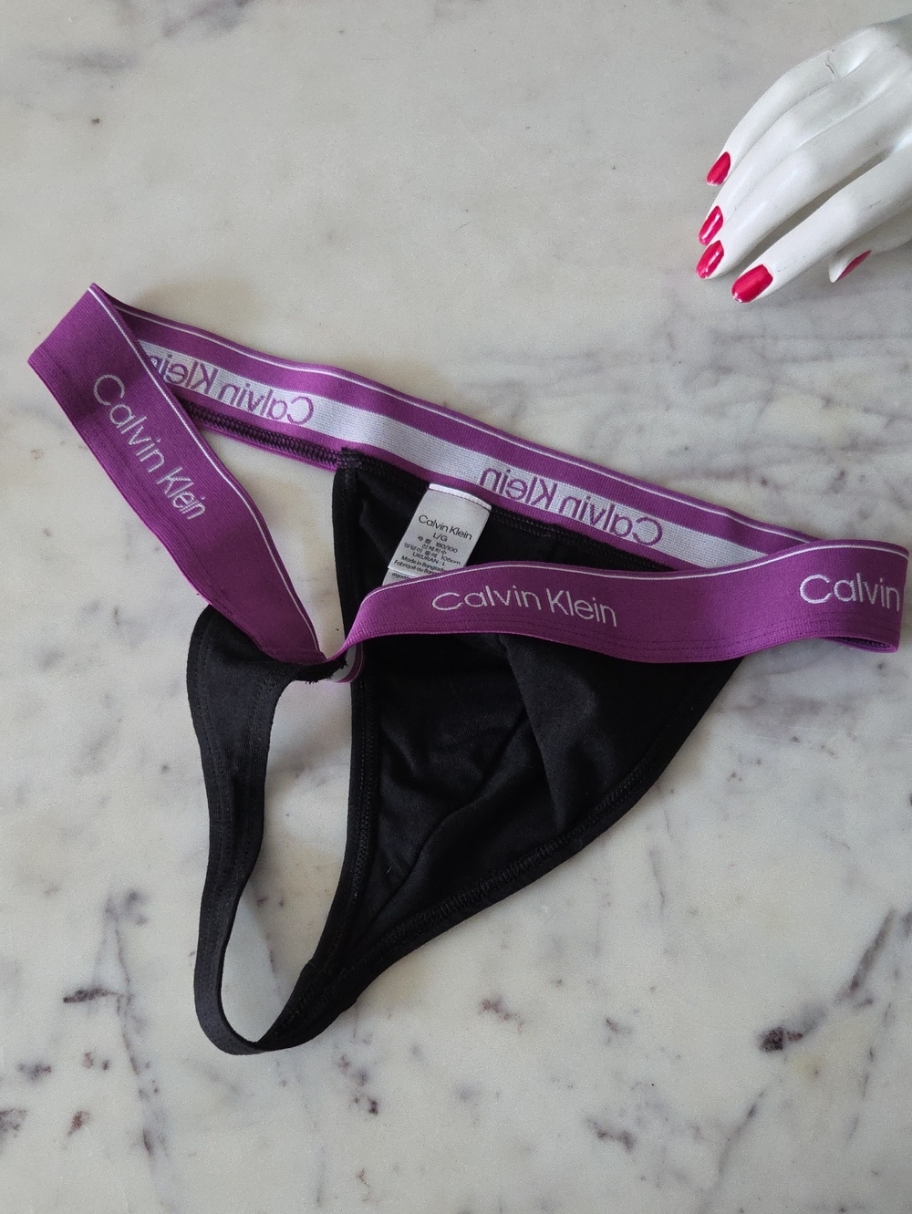 Calvin Klein Black Thong with Purple Logo Waistband Sz L - Picture 3 of 3